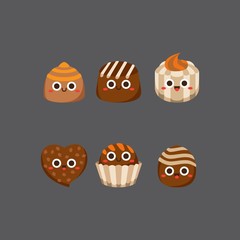 Chocolate cute candies, Flat Character, Vector illustration of different shapes and kinds of chocolate candies. 