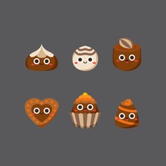 Chocolate cute candies, Flat Character, Vector illustration of different shapes and kinds of chocolate candies. 