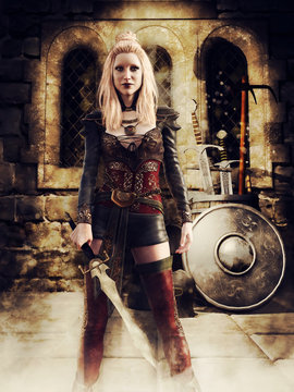 Fantasy female warrior with a sword standing in a medieval castle armory.  3D render. The model and other elements in the image are all 3D objects.