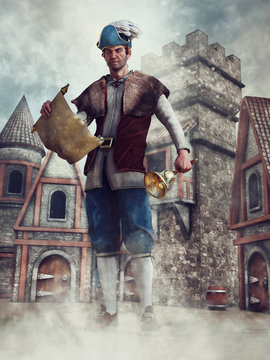Fantasy town crier with a scroll and bell standing in the center of a medieval village.  3D render. The model and other elements in the image are all 3D objects.