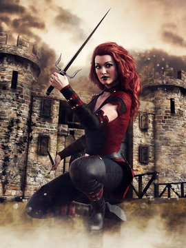 Woman with a short sword in front of a fantasy medieval castle at sunset.  3D render. The model and other elements in the image are all 3D objects.