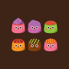 Cute pastel candies Flat Character ,Vector illustration of different shapes and kinds of chocolate candies. 