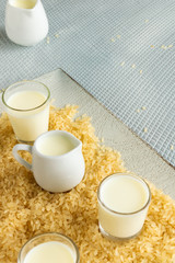 Fresh rice milk drink. Healthy nutritious vegetable milk. Homemade dairy themes