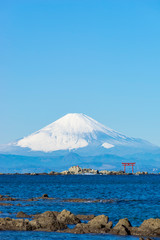 Fototapeta na wymiar 雪をかぶった富士山を相模湾岸に望む
