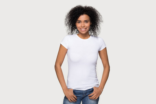 Smiling African American woman in white t-shirt front mock up