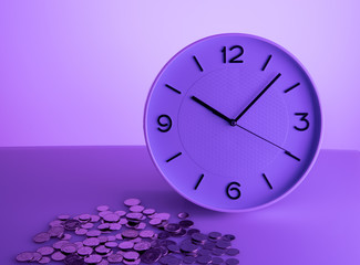 White clock and silver coins on purple background