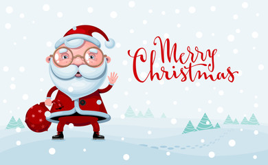 Merry Christmas. Cartoon Santa Claus standing with bag of gifts on on snowy landscape
