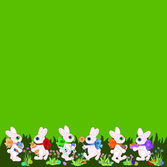 pattern of six easter bunnies, many colorful eggs and flowers on a background of green grass