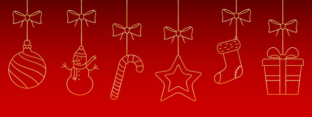 Christmas ornaments hanging on red background