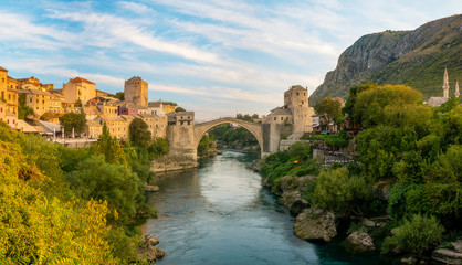 Fototapeta na wymiar Mostar, Bosnia and Herzegovina,The Old Bridge, Stari Most, with river Neretva