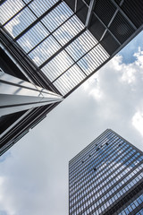 Looking up at the modern commercial buildings in China's Kunshan Economic Zone