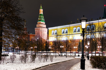 kremlin moscow russia historic architecture at winter night landmark against black sky background. Street view of ancient russian city sightseeing kremlin red tower and wall on christmas new year eve