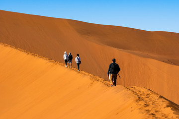 Travelers walking on the sand dune desert with clear blue sky background.