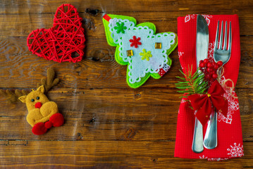 Christmas table setting top view with copy space.