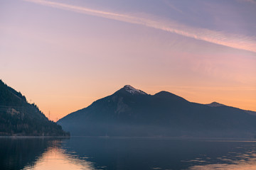 Beautiful morning landscape and colorful sunrise in the Alpine mountains Germany, Bavaria, on Lake Walchensee ...