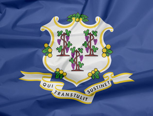 Crease of Connecticut fabric flag background, three bunches of grapes on royal blue color. text below "Qui Transtulit Sustinet", Latin for "He who transplanted sustains"