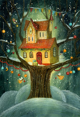 Night Christmas Winter House on a Tree with Snowfall, snowman, fairies and banners. Hand drawn illustration.