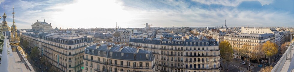 Paris, France - 11 30 2019: Boulevard Haussmann. Panoramic view of Paris from the roofs of department stores © Franck Legros