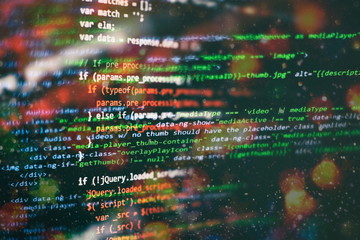 Abstract computer script about big data and blockchain database. Software developer programming code. Mining Cryptocurrency process program on display PC. Using Software.