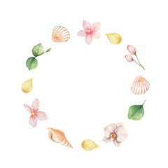 Watercolor vector frame with eucalyptus leaves, flowers and shells .