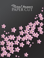 Floral background with scattered forget-me-nots. Pink flowers on black. Paper cut design for posters, brochures, invitations, signage, advertising. Copy space
