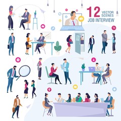 Fototapeta na wymiar Job Interview in Office Trendy Flat Vector Scenes Set. Female, Male Job Applicants, Work Candidates Waiting for Interview, Talking with HR Manager, Presenting Himself for Company CEO Illustration