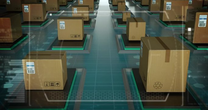 Global logistics, shipping and worldwide delivery parcel packages on futuristic latest technology automated conveyor belt with augmented reality holograms.