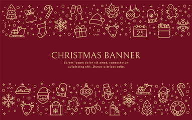 Fototapeta na wymiar Christmas banner with outline icons. Vector background.
