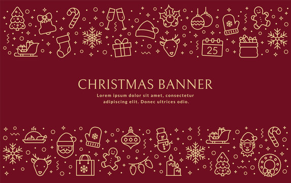 Christmas banner with outline icons. Vector background.