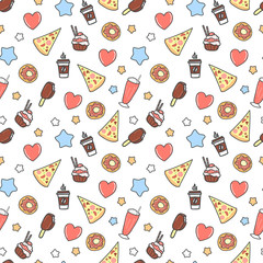 Cartoon vector doodles hand drawn food seamless pattern.