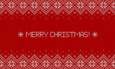 Merry Christmas greeting card. Knitted sweater background. Vector banner.