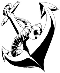 Anchor black and white vector illustration isolated on a white background. Monochromatic lineart symbol.