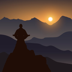Silhouette of human, who meditate on a cliff in a mountain valley at sunrise time. Vector illustration. - 306847253