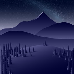 Naklejka premium Milky way in a night starry sky above the mountain valley. Vector illustration.