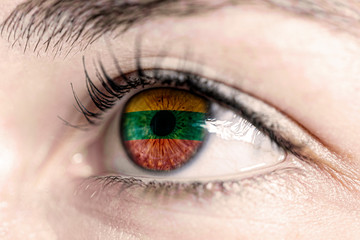 Obraz premium Flag of lithuania reflects in woman green eye - close-up view - election, sport, hope, young, generation 