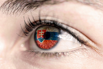 Flag of solvakia reflects in woman green eye - close-up view - election, sport, hope, young, generation	