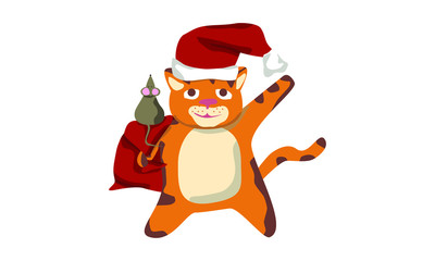 cute Santa cat carries gifts in a bag and says Hello. mouse symbol of 2020 new year. Christmas flat illustration. use it as a postcard or design any subject. happy holiday.