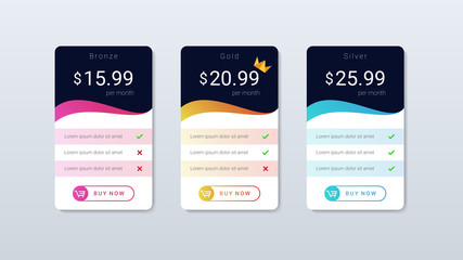 Pricing table list with gradient color wave, plan list options, internet sale banner design, menu service template.