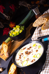 Delicious cheese and leek soup with minced meat