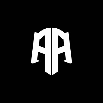 AA monogram letter logo ribbon with shield style isolated on black background