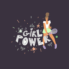 Women with rackets and freehand drawn lettering: play nice. Stylized people.