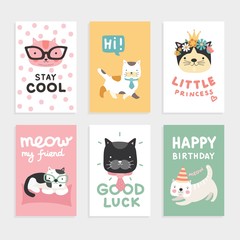 Cats cards. Cute kittens, cool and smart funny pets. Little princess vector birthday invitation. Birthday greeting kitten pet, cartoon illustration card