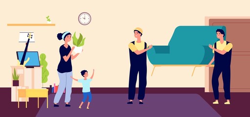 Family moves new apartment. Young mother moves with loaders, collect supplies in boxes. Flat vector happy mom and son in new apartment. Family come in new house, woman in apartment illustration