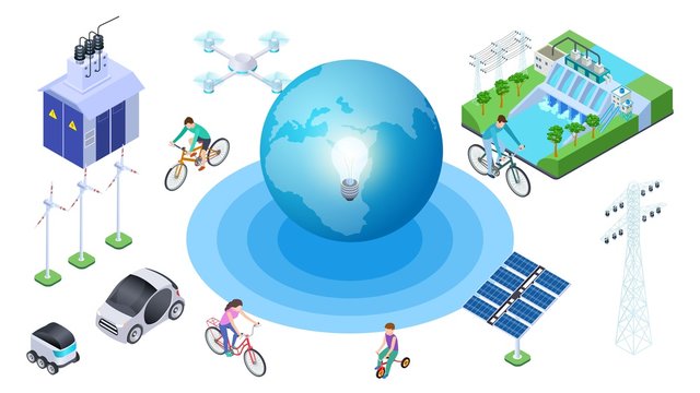 Save The Planet. Isometric Alternative Sources, Conservation Of Ecology. Vector Earth Electric Cars, Hydroelectric Station, Drone. Illustration Ecology Planet, Recycle Globe, Protection Environment