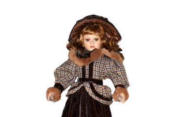 portrait of old porcelain doll isolated on white background including clipping path