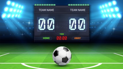 Football stadium background. Realistic soccer ball in green field. Stadium electronic sport scoreboard soccer time and football match result display vector illustration. Stadium soccer, match football © MicroOne