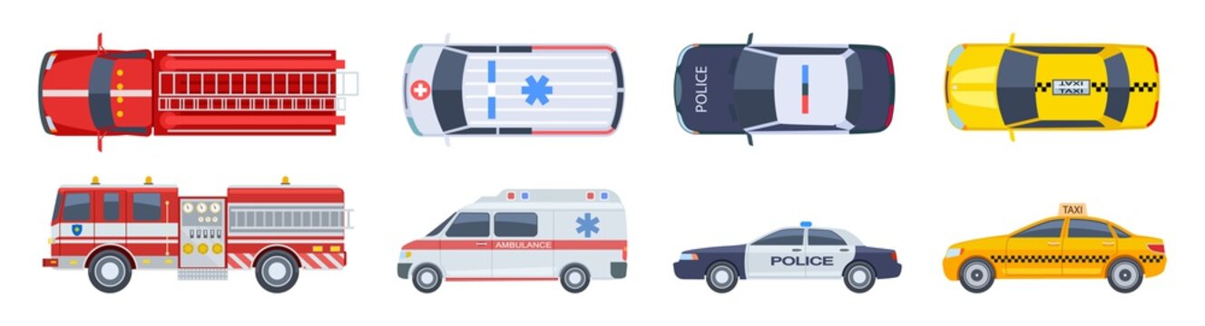 Vehicle set. Transport top view. Police car ambulance fire engine taxi vector flat isolated. Urban special transport icons. Illustration automobile top, taxi and police, auto and ambulance