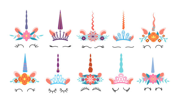 Unicorn face. Different cute funny unicorns heads with magic horn and rainbow flower wreath and eyelashes. Colorful kids vector set. Illustration unicorn magic, head magical
