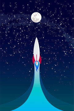 moon exploration, rocket flies up, Vector Concept. Spaceship flying