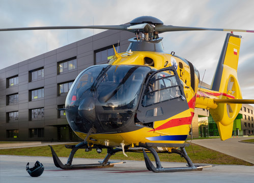 air ambulance helicopter- Eurocopter EC-135 on a hospital airstrip.Szczecin,Poland-November 2019